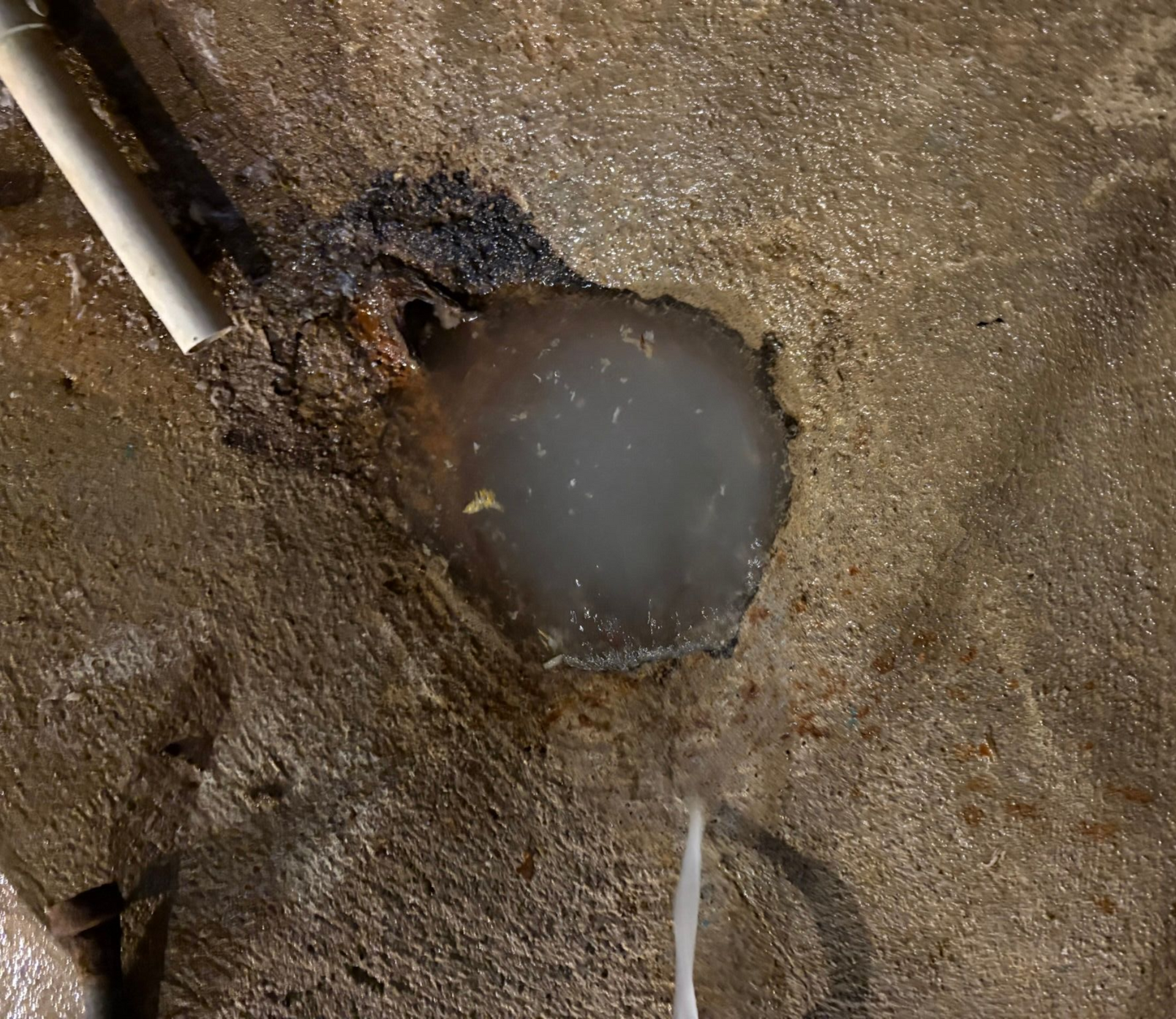 A muddy concrete floor with a round hole filled with cloudy water and pipes nearby
