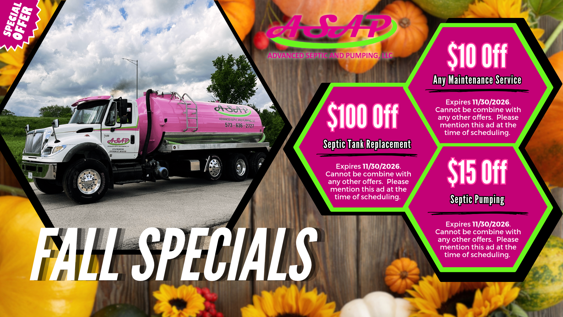 Pink ASAP truck ad with “Fall Specials” and discount offers on a colorful background