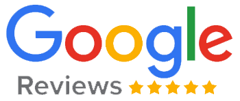 Google Reviews logo with blue, red, yellow, and green text and five gold stars