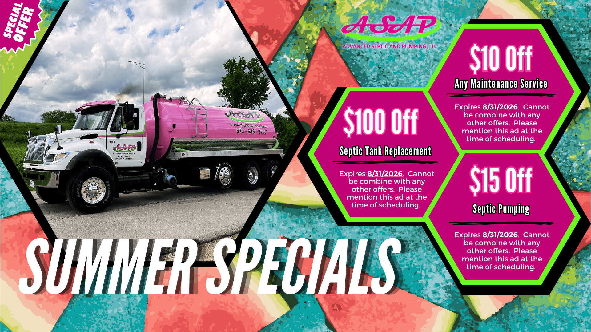 Pink ASAP truck ad with “Summer Specials” and discount offers on a colorful background