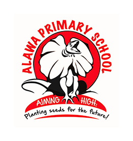 Alawa Primary School logo with red text and a frilled neck lizzard, reading “Aiming high” and “Planting seeds for the future”