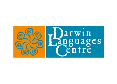 Darwin Languages Centre logo with teal and orange geometric swirl design and text on blue background
