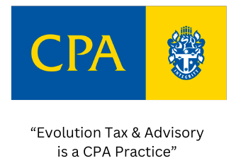 CPA logo with coat of arms and text “Evolution Tax & Advisory is a CPA Practice”