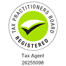 Tax Practitioners Board registered tax agent badge with green checkmark logo and number 26255098