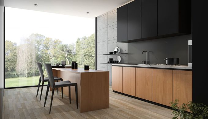 A modern kitchen with black cabinets and wooden cabinets and a large window.