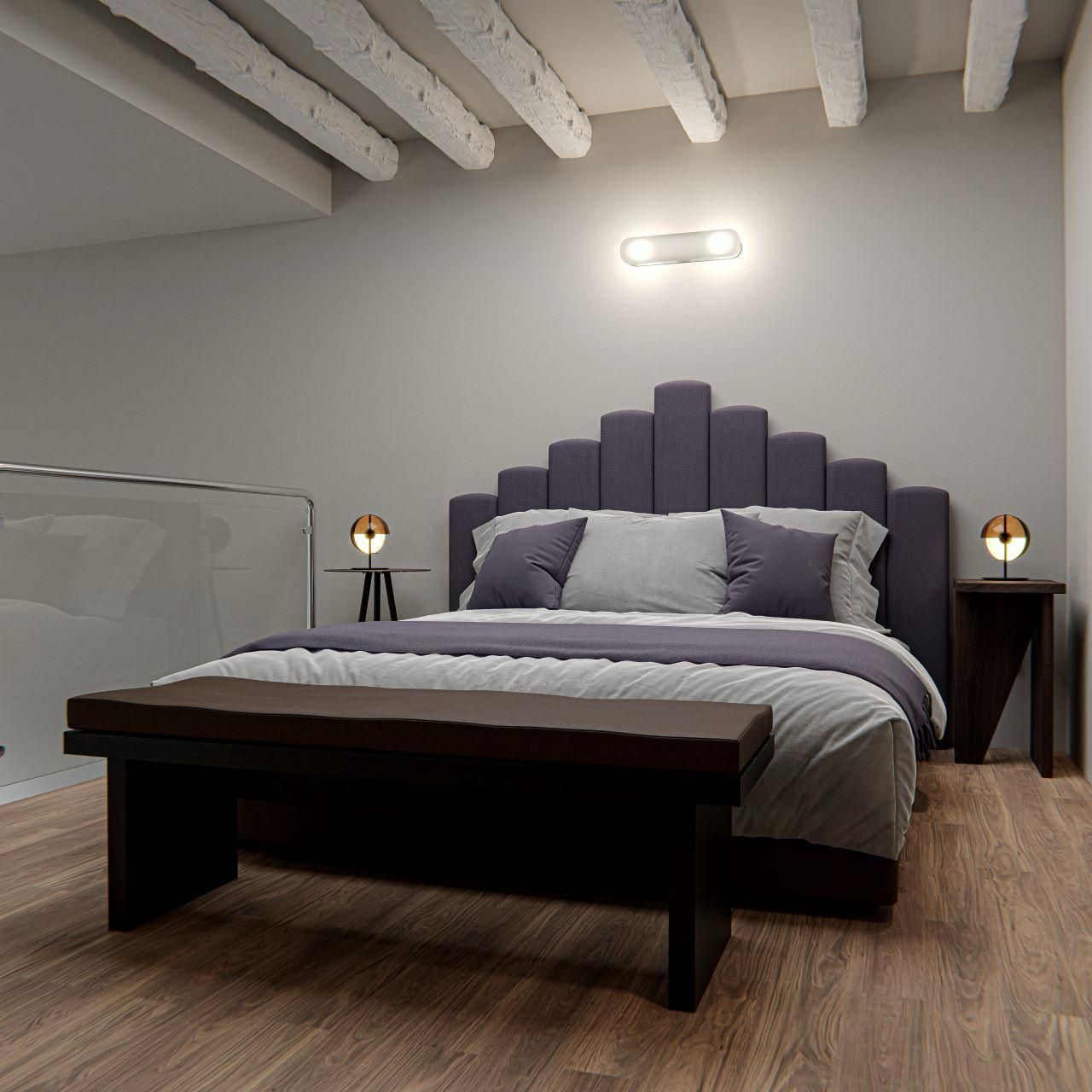 Camera da letto moderna grigia con testiera alta imbottita, panca bassa e lampade da comodino.
