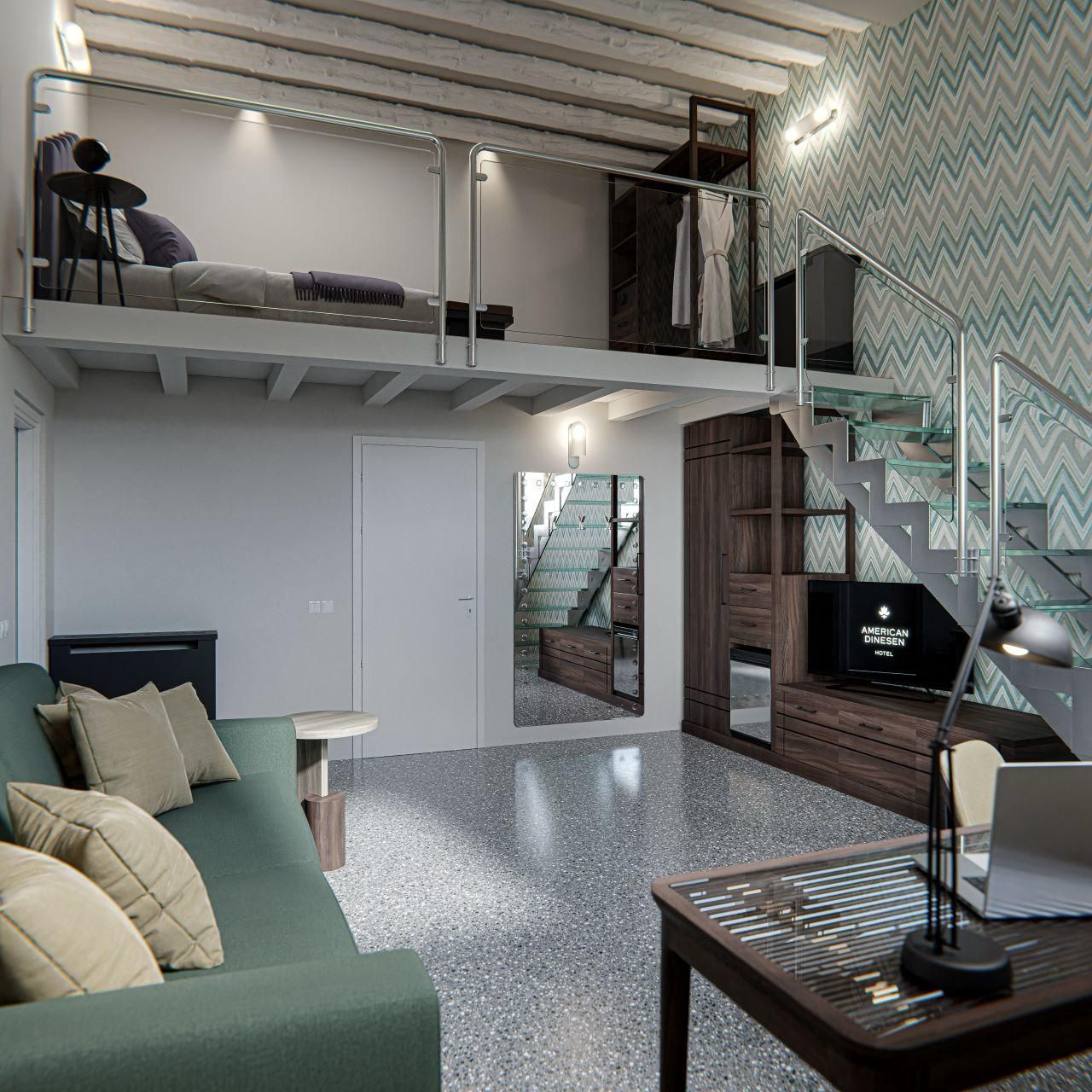 Modernes Loft-Wohnzimmer mit grünem Sofa, Mezzaninbett, Treppe und gemustertem Fliesenboden