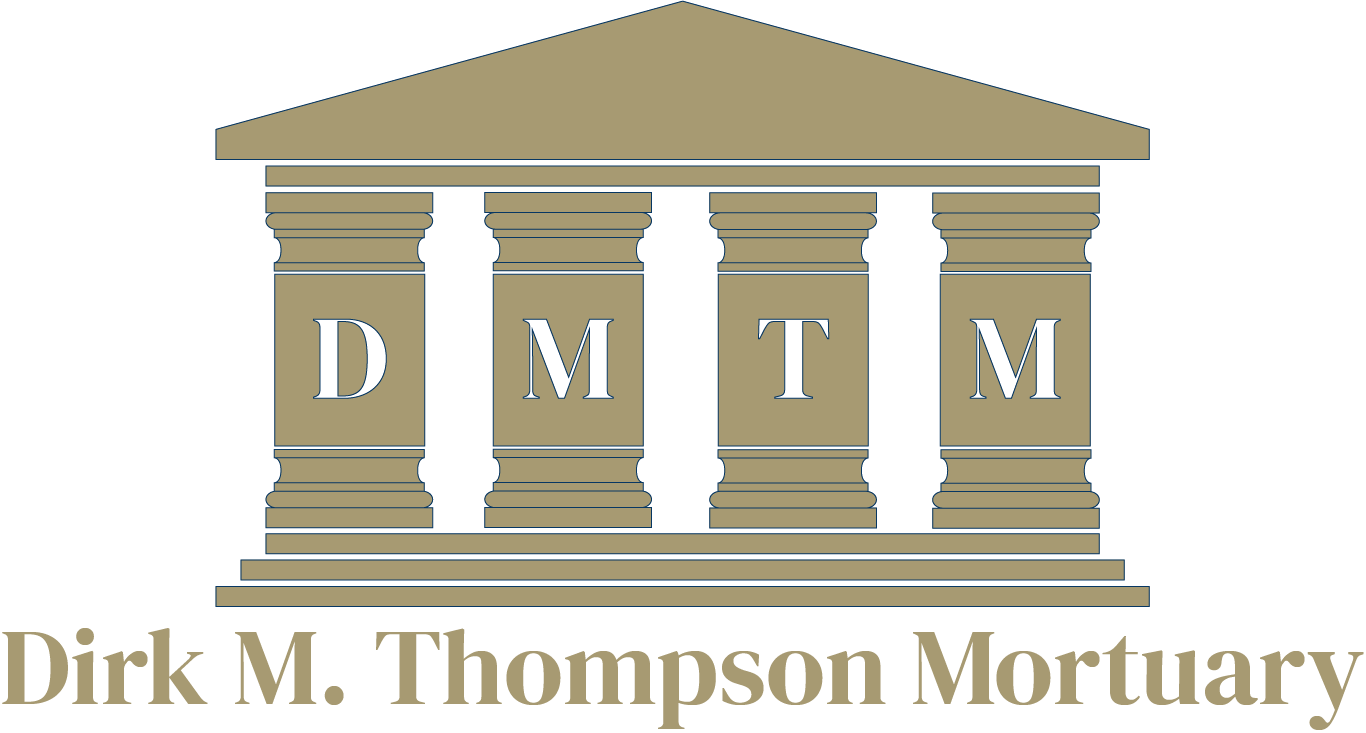 Logo for Dirk M. Thompson Mortuary with tan columns and initials D M T M