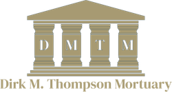 Logo for Dirk M. Thompson Mortuary with tan columns and initials D M T M