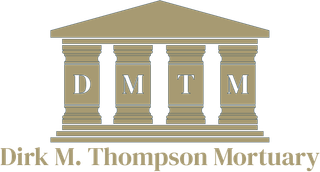 Logo for Dirk M. Thompson Mortuary with tan columns and initials D M T M