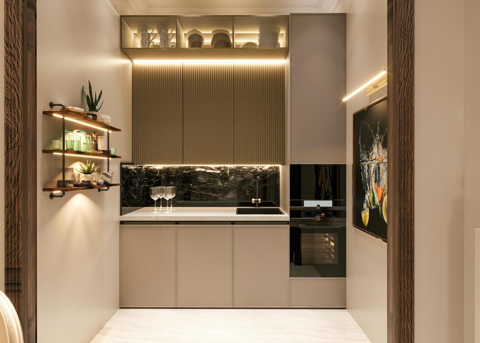 Small, modern kitchen with built-in appliances, overhead cabinets, and black marble backsplash.