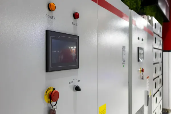 Control panel with orange and red lights, touchscreen, and emergency stop button.