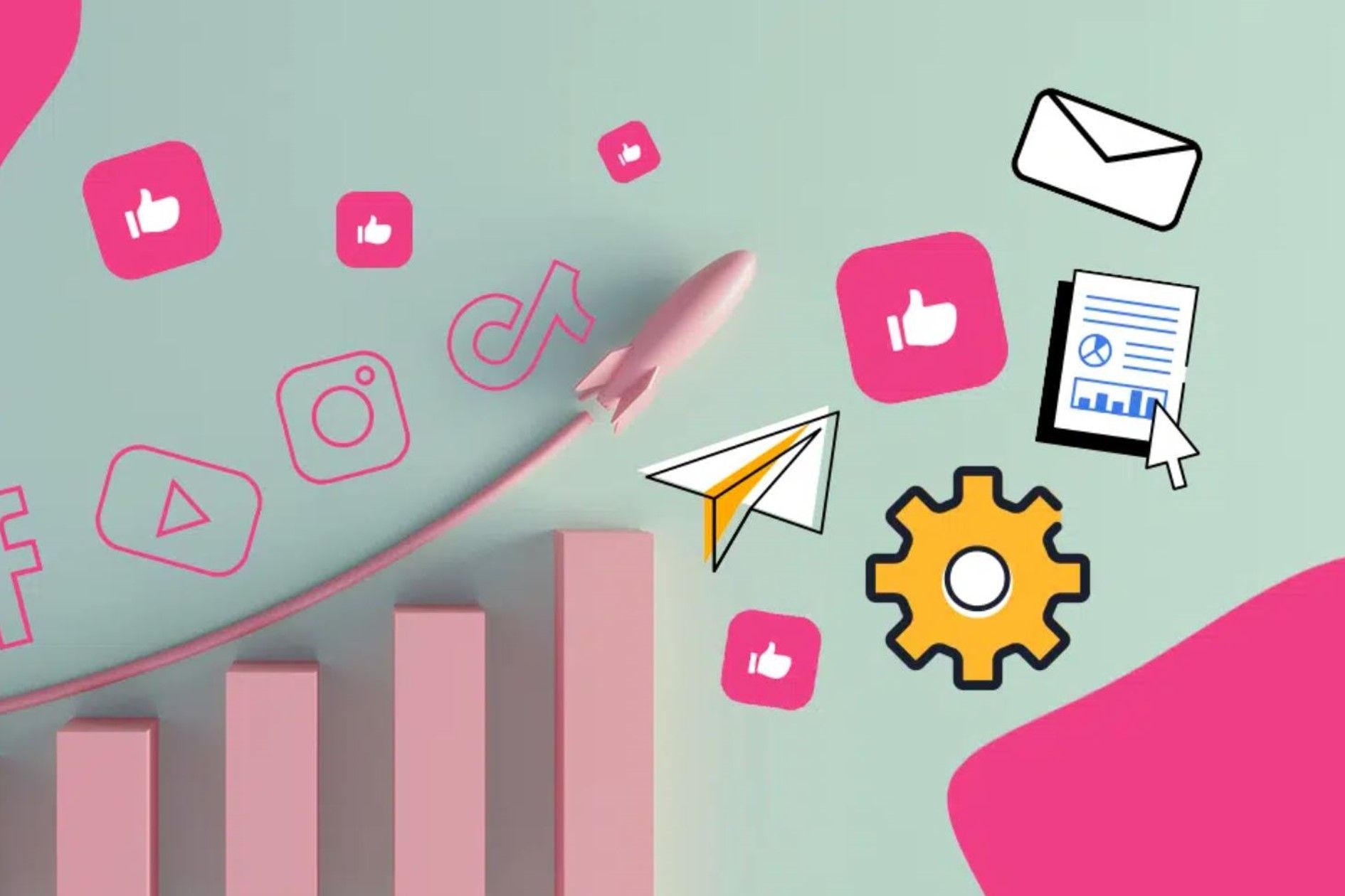 social media icons and bar chart