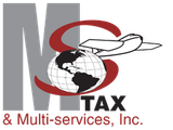 MS TAX & Multi-services, Inc. logo with globe and airplane over gray and red lettering