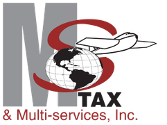 MS TAX & Multi-services, Inc. logo with globe and airplane over gray and red lettering