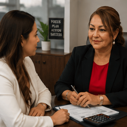 Two women in a meeting at a desk, discussing paperwork with a calculator in a professional office.