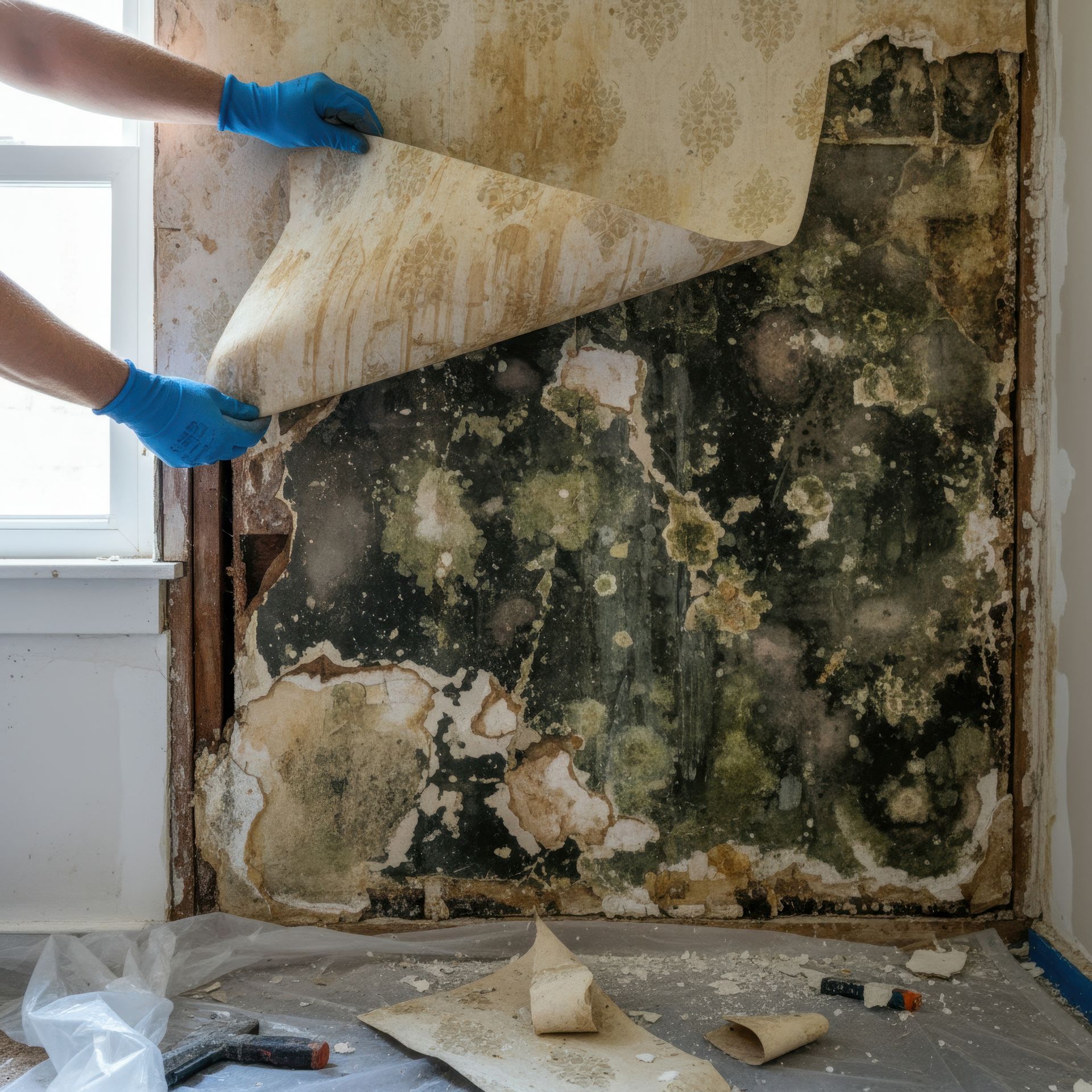 Gloved hands lift wet wallpaper to reveal extensive black and green mold covering the wall beneath.