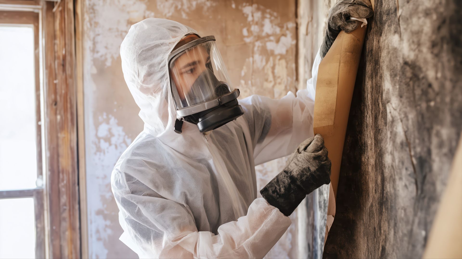 Technician in a white hazmat suit and full-face respirator scraping black mold off a stained wall.