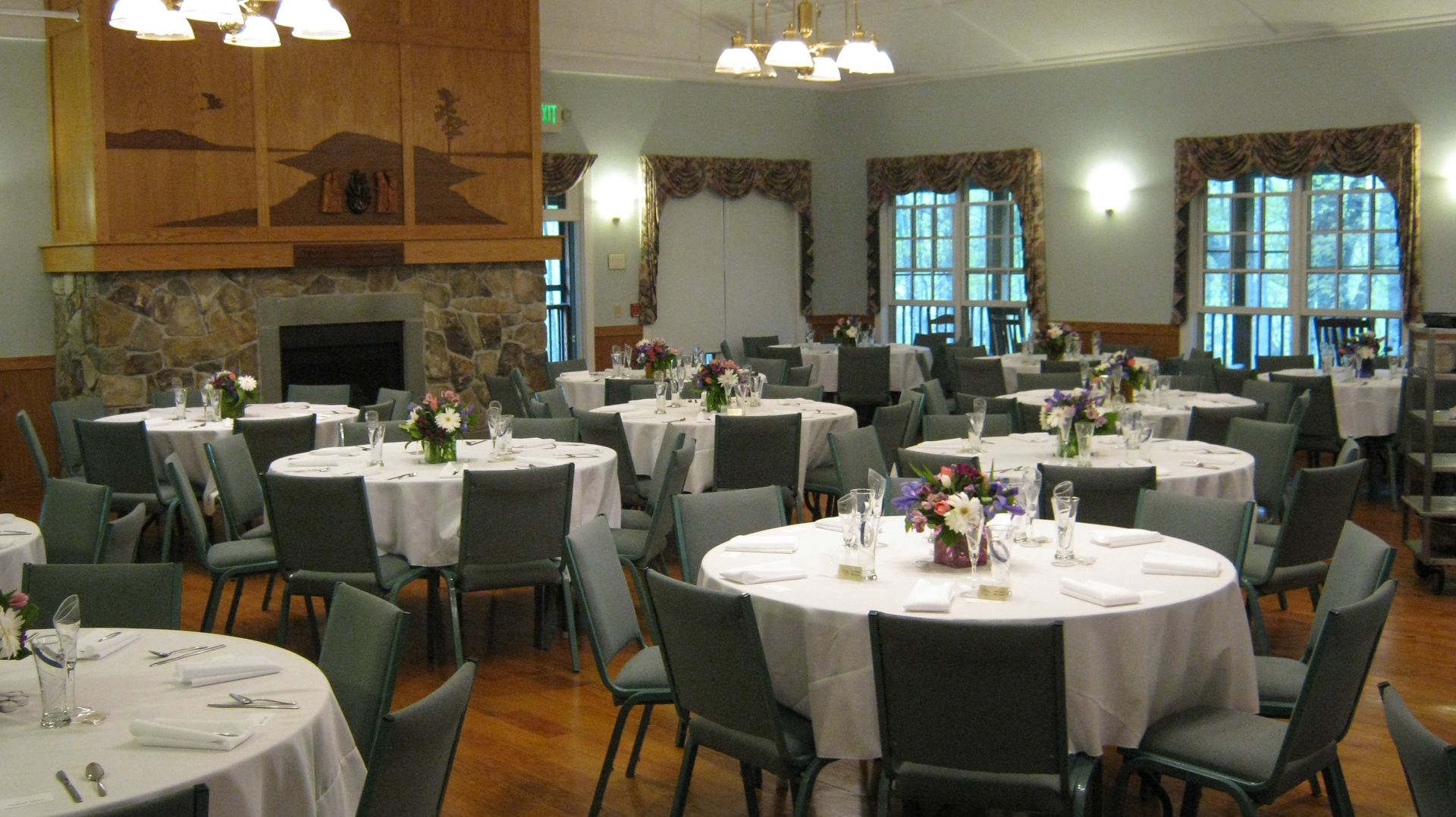 Dining hall at Geneva Point Center, where delicious meals are served buffet style.