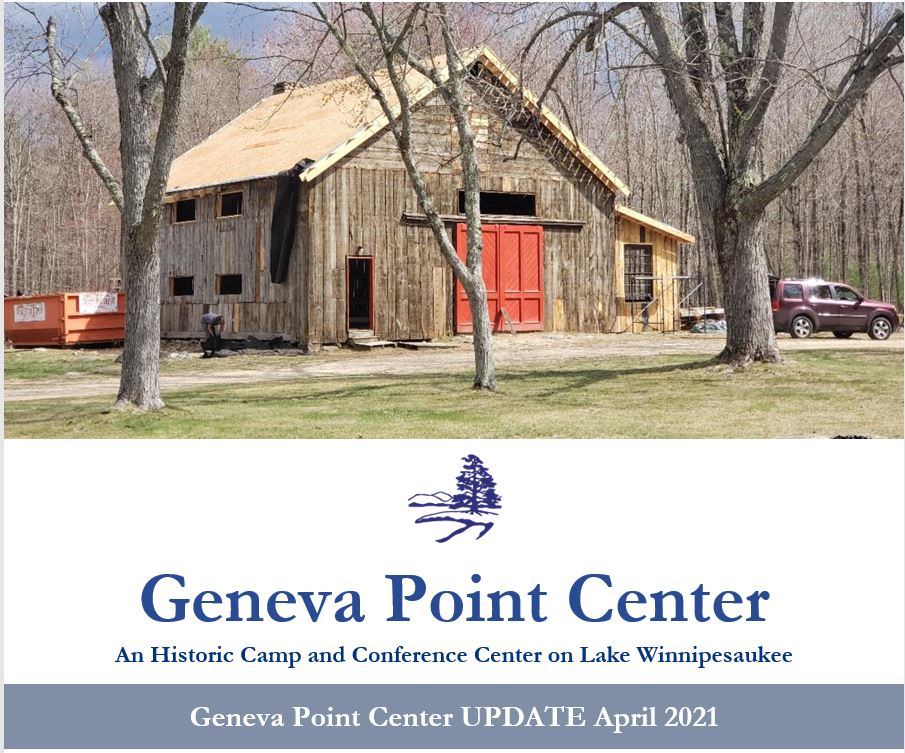 A poster for the geneva point center shows a barn under construction