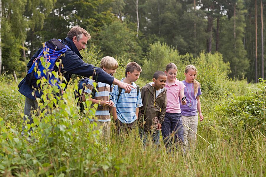 A group of children are walking through a grassy field with a man.