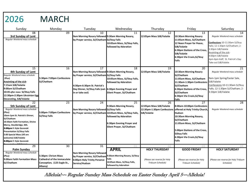 March 2026 monthly calendar grid with schedule notes and a white background.