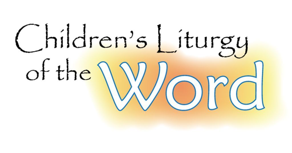 Children’s Liturgy of the Word title in black and blue text on a white background with a yellow glow