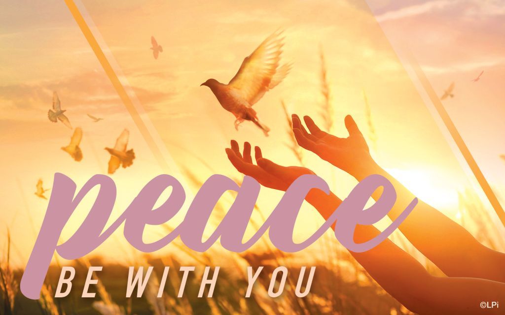 Peace with you text over a warm sunrise with hands reaching toward a flying dove.
