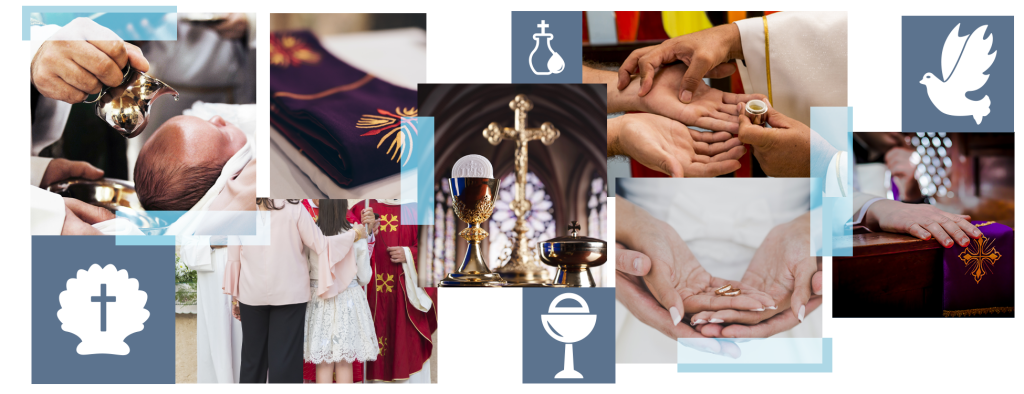 Collage of hands, a dove, church, and people worshiping in a Christian faith community