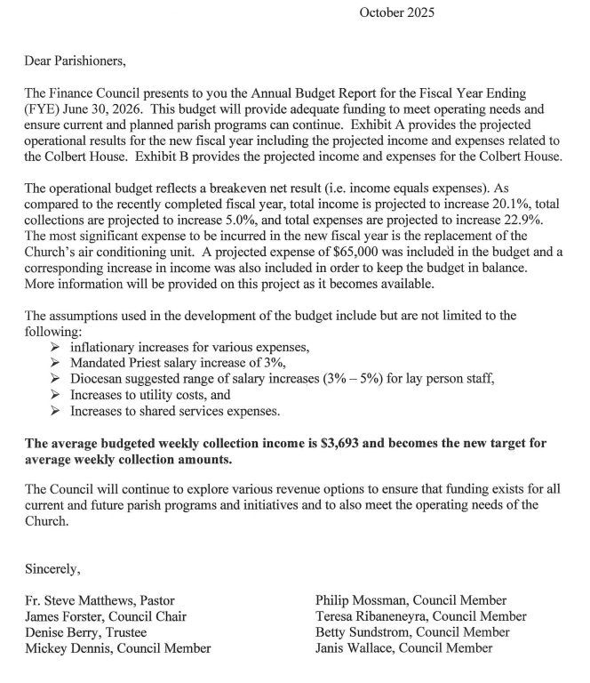 Letter from the Finance Council about the 2025 annual budget and church maintenance expenses.