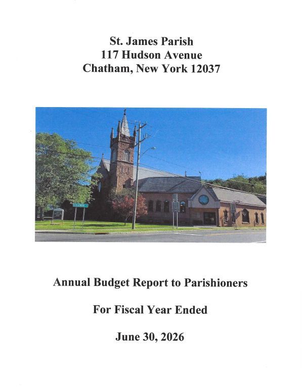 St. James Parish annual budget report cover with church photo, Chatham, New York, fiscal year ended June 30, 2026