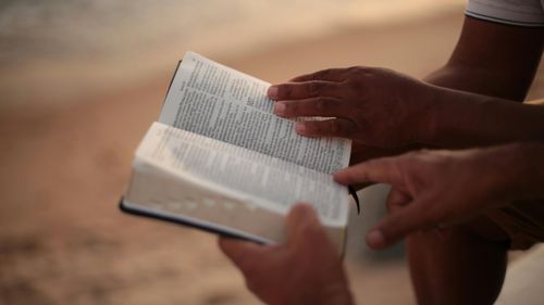 Hands holding an open book outdoors in warm light.