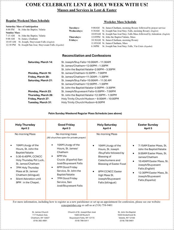 Easter and Lent Holy Week worship schedule flyer with service times and prayer/confession details