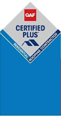 GAF Certified Plus roofing contractor badge in blue, white, and red.