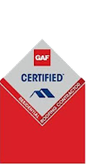 GAF Certified Master Elite roofing contractor badge with red, white, and gray design