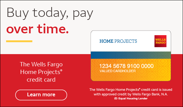 Wells Fargo Home Projects credit card ad with red card and “Buy today, pay over time” text