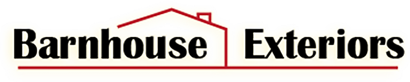 Barnhouse Exteriors logo with black and red text and a red roof outline icon
