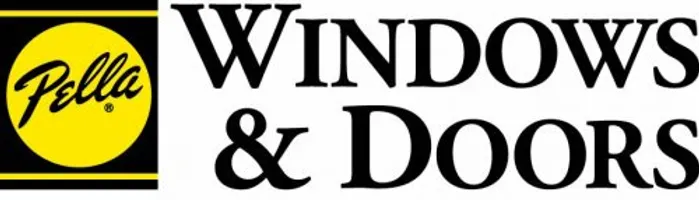 The logo for pella windows and doors is yellow and black.