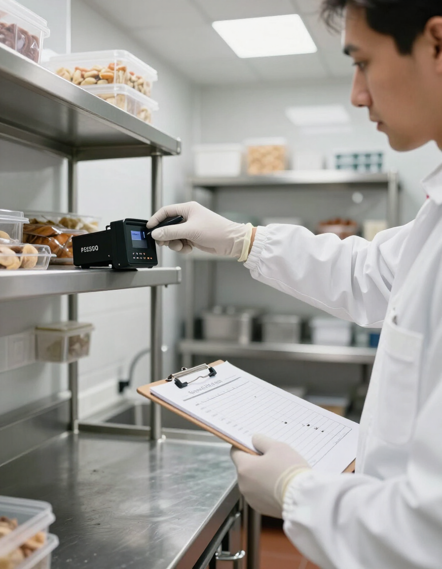 Trabajador de laboratorio inspeccionando muestras con un dispositivo portátil y un portapapeles