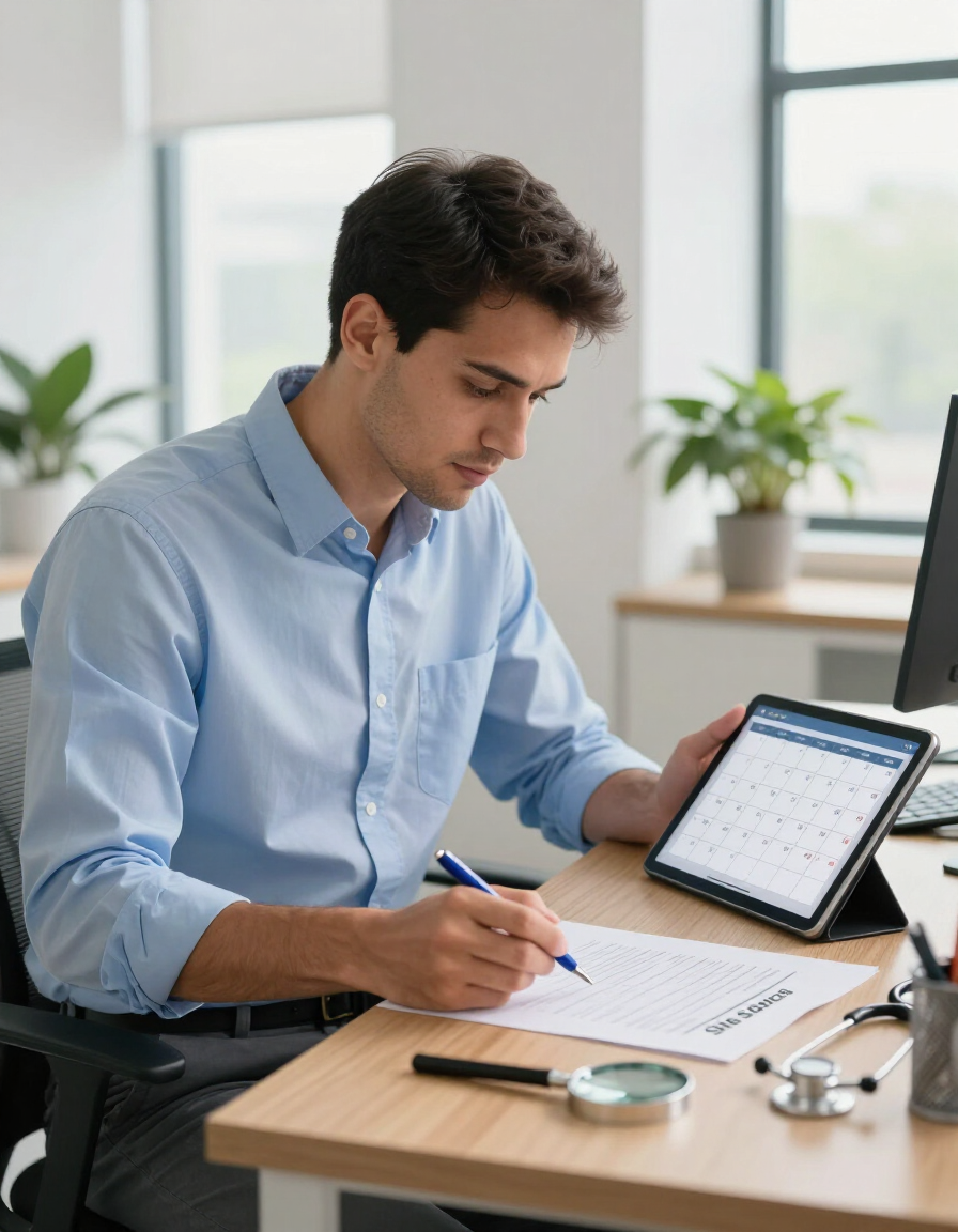 Hombre con camisa azul escribiendo en un escritorio con una tableta y una computadora de oficina cerca.
