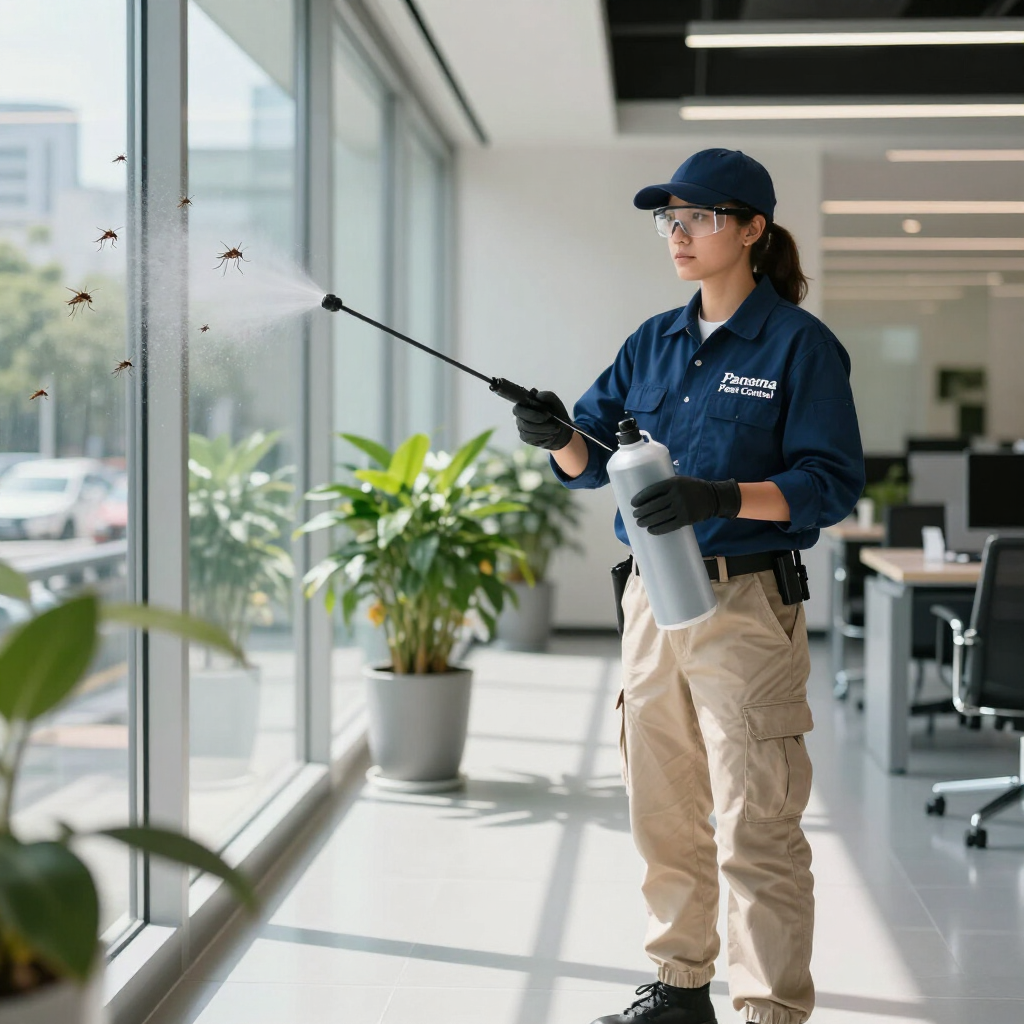 Un trabajador utiliza un pulverizador para limpiar las ventanas de una oficina en un interior moderno y luminoso.