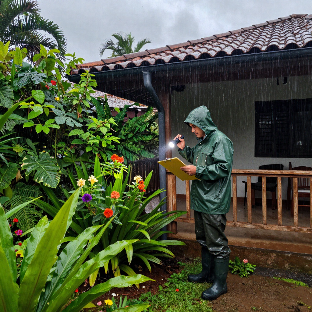 Una persona con ropa impermeable verde toma notas en un jardín lluvioso junto a una casa.