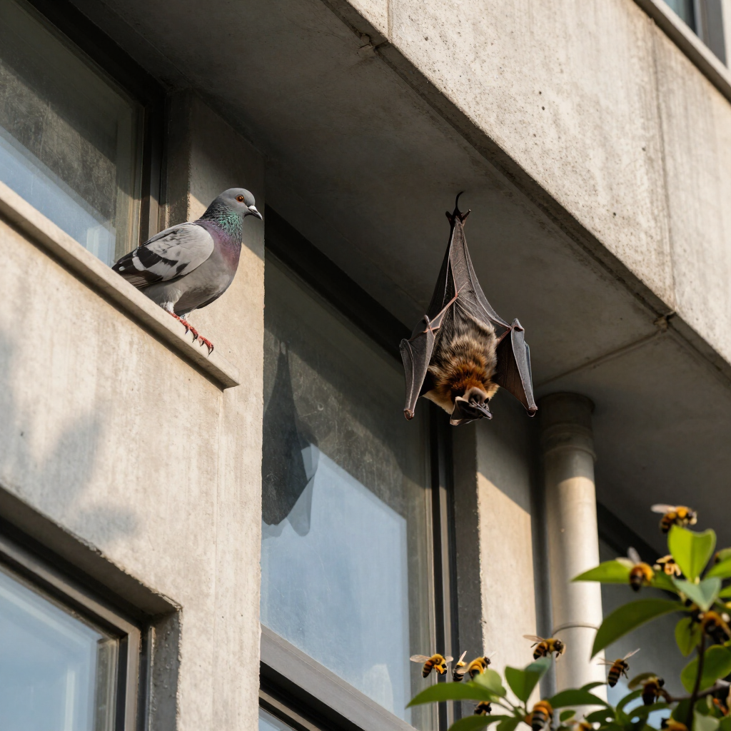 Una paloma en la cornisa de un edificio junto a un murciélago que cuelga cerca de una ventana.