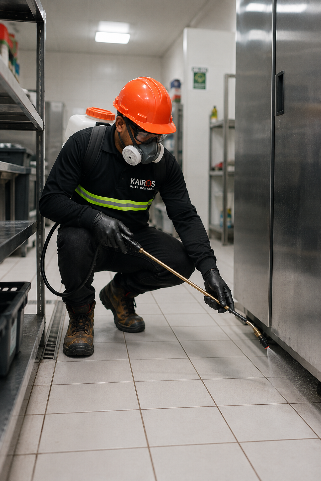 Un trabajador con casco naranja limpia un suelo de baldosas en una cocina o pasillo de una instalación de acero inoxidable.