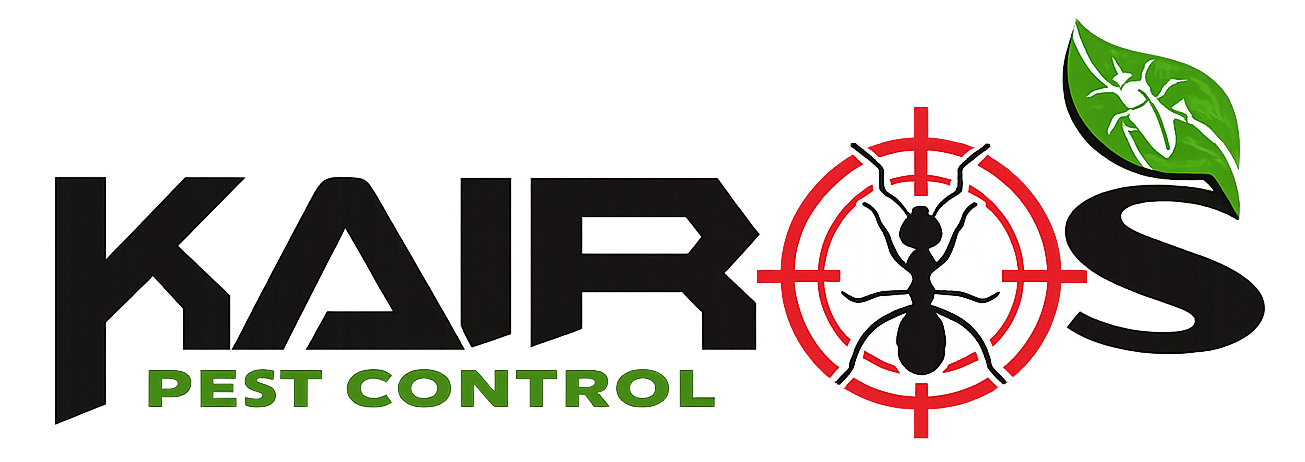 Logotipo de KAIRS Pest Control con texto negro, hoja verde e icono de mira en forma de cruz roja.