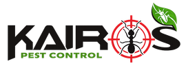 Logotipo de KAIRS Pest Control con texto negro, hoja verde e icono de mira en forma de cruz roja.