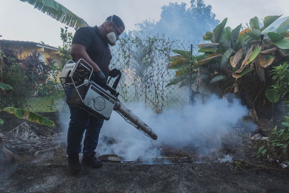 Un trabajador con casco naranja rocía pesticida a lo largo de la pared de un edificio con un pulverizador de mochila.