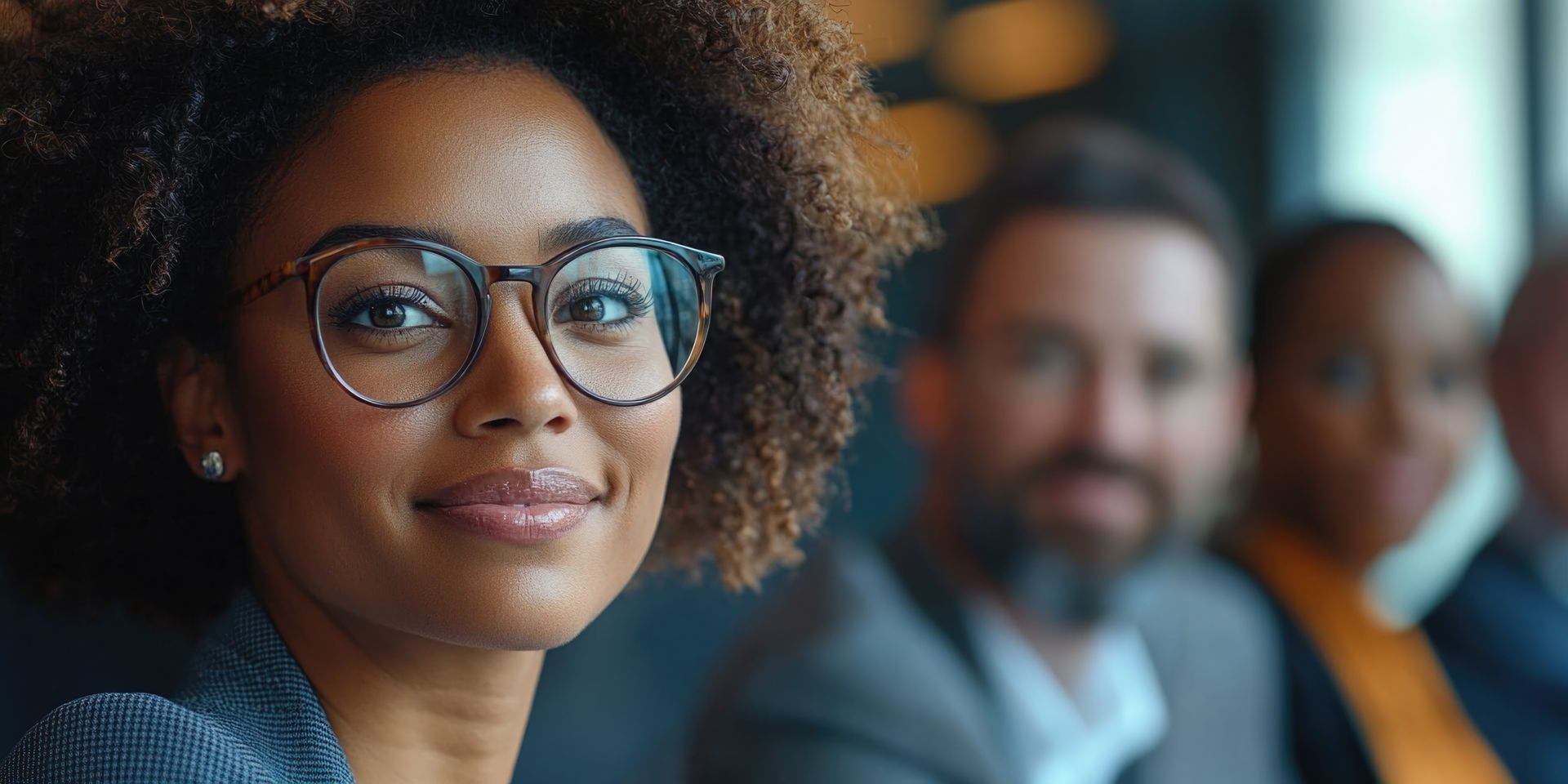 Lady wearing glasses looking at the camera with a man and woman in the background