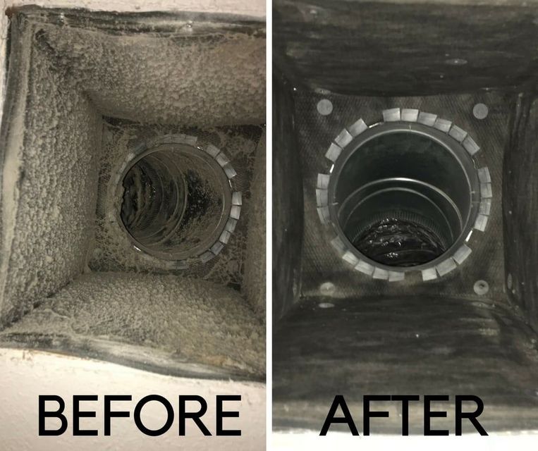 A before and after picture of a duct that has been cleaned.