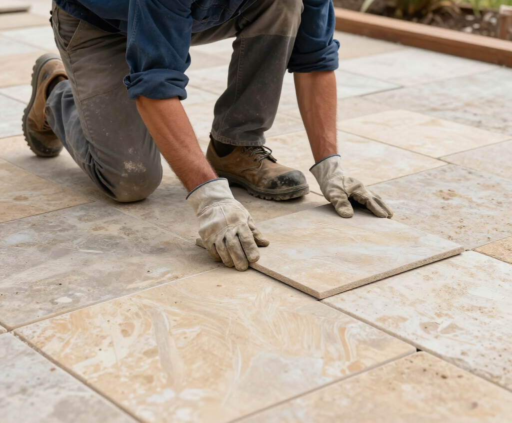 Ouvrier agenouillé pour installer des carreaux de sol beiges avec des gants
